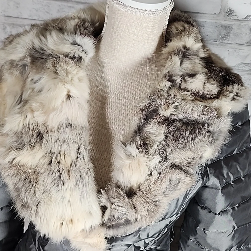 Bebe Rabbit Fur Trimmed Silver Puffer Jacket Coat